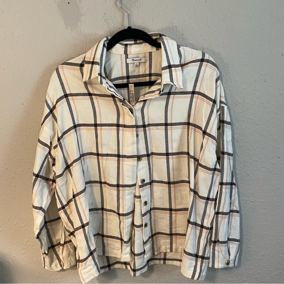 NWT Madewell Flannel Bromley Shirt in Northall Plaid, Cream and Gray, Size M - Picture 2 of 4